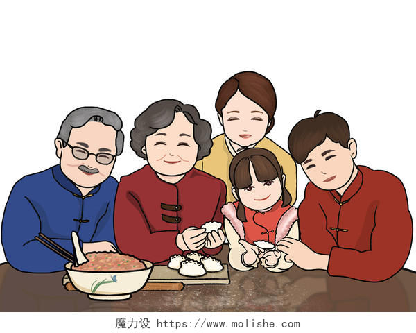 全家福手绘卡通新年春节冬至包饺子一家人